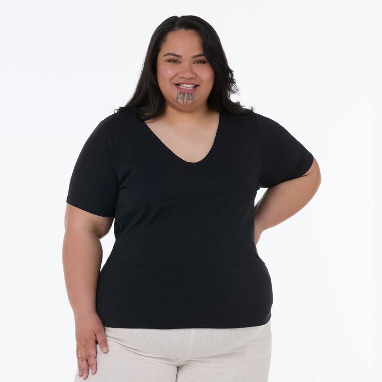 H&H Plus Plus Women's Short Sleeve V Neck Contour Tee, Black, hi-res