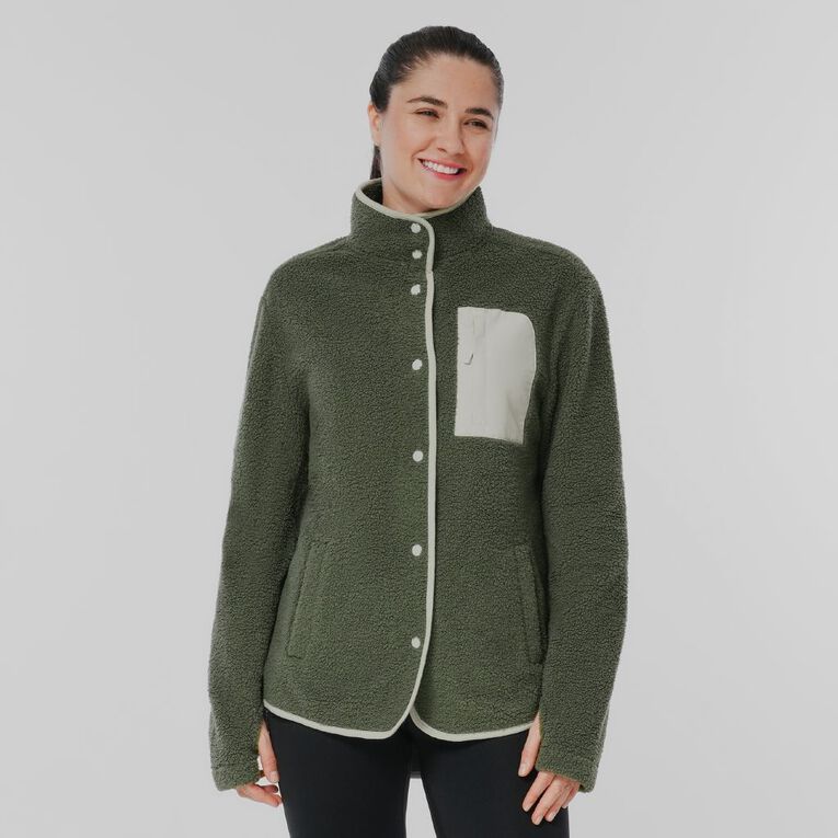 Active Intent Women's Sherpa Button Up Sweat, Green Mid, hi-res