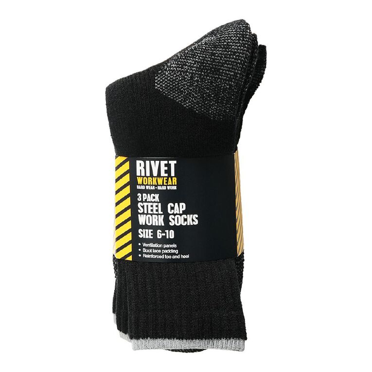 Rivet Men's Steelcap Work Socks 3 Pack, Black, hi-res