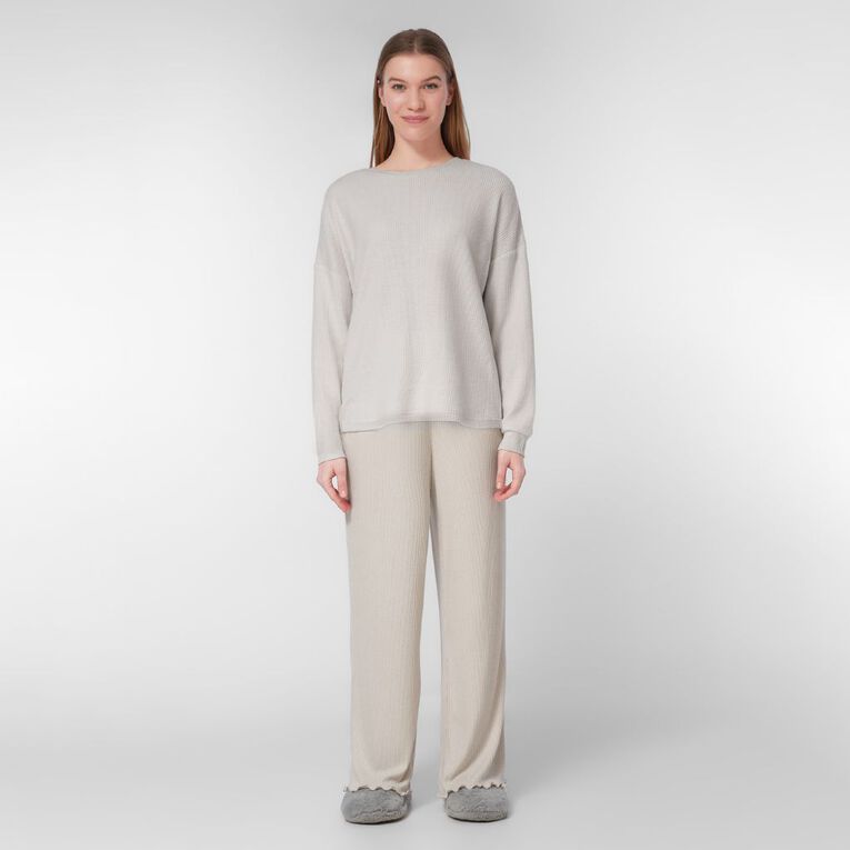 H&H Women's Waffle Long Sleeve Pyjama Top, Cream, hi-res