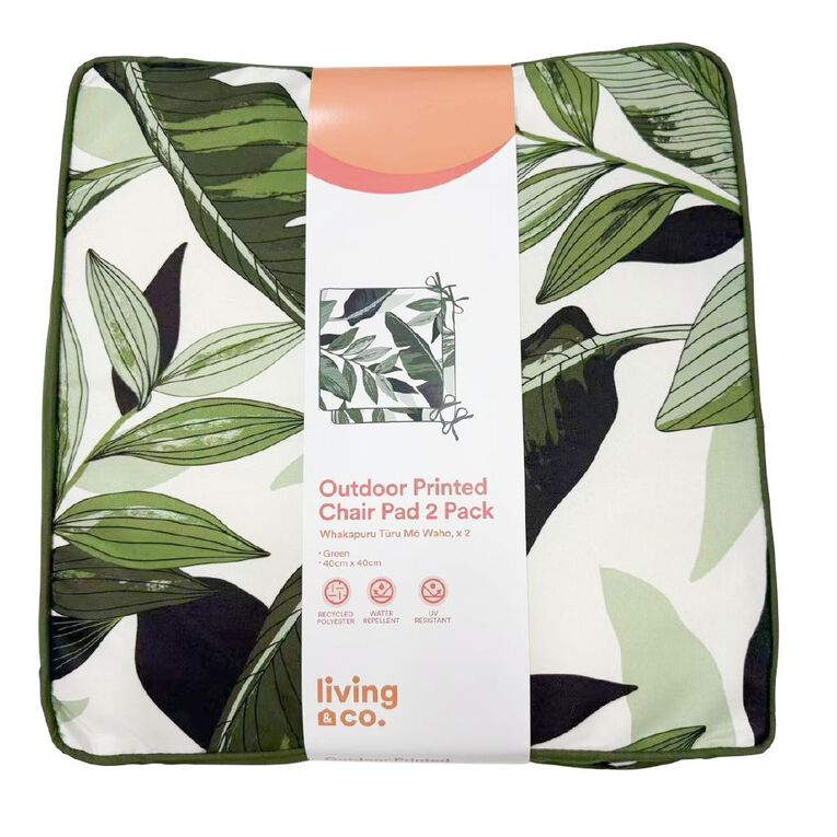 Living & Co Outdoor Cushion Chair Pad 2 Pack Print Green, , hi-res