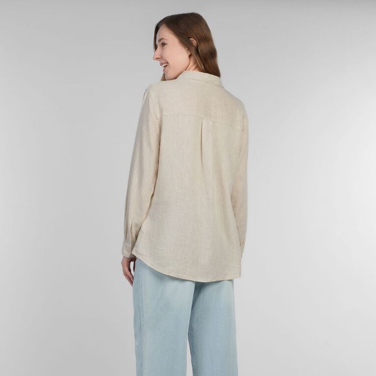 H&H Women's Long Sleeve Essential Linen Blend Shirt, Brown Light OAT MRL, hi-res