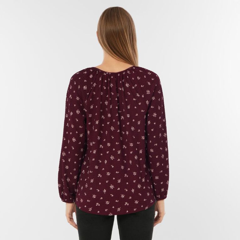 H&H Women's Long Sleeve V Neck Gathered Top, Red Dark, hi-res