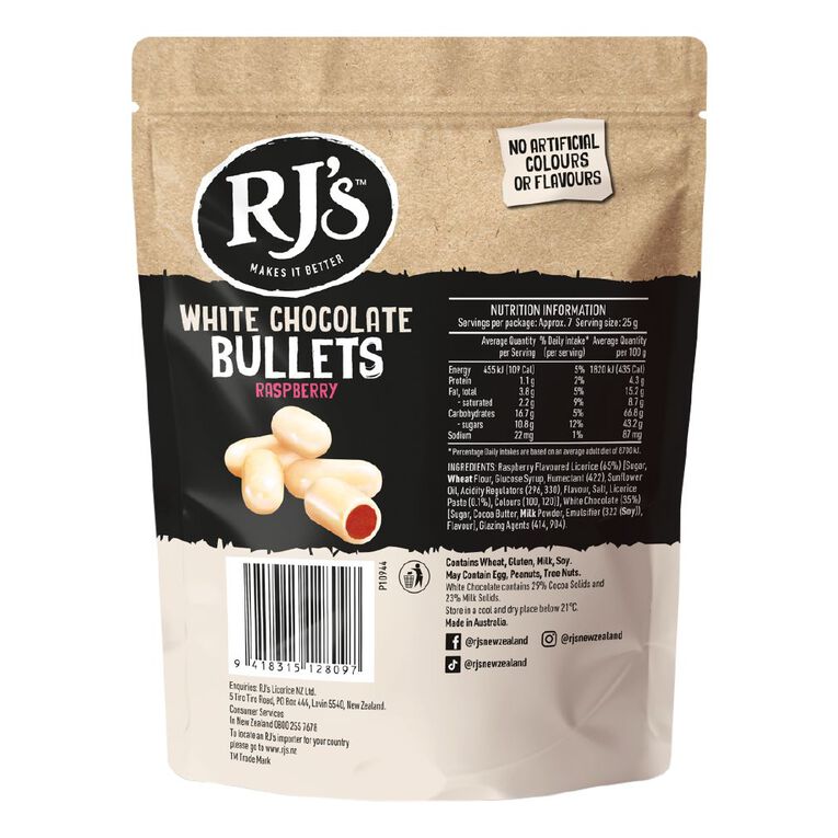 RJ's White Chocolate Rasperry Bullets 180g, , hi-res