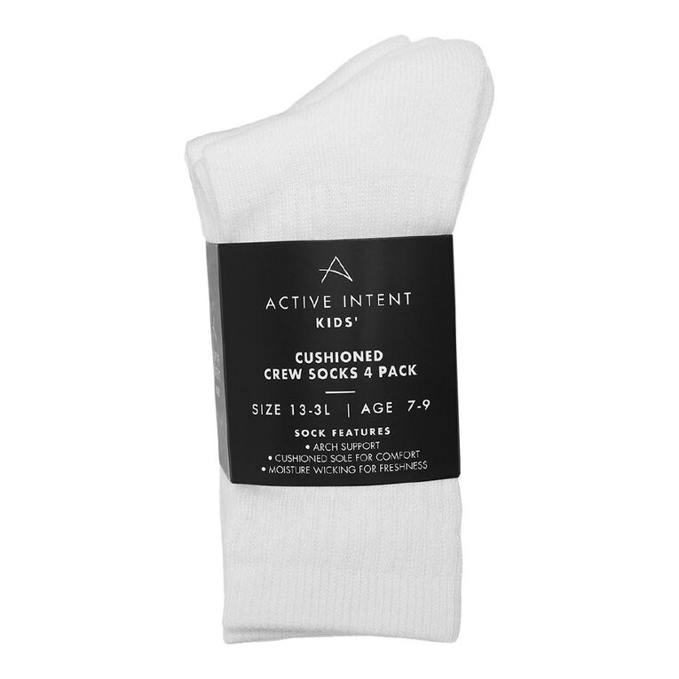 Active Intent Kids' Crew Socks 4 Pack, White, hi-res