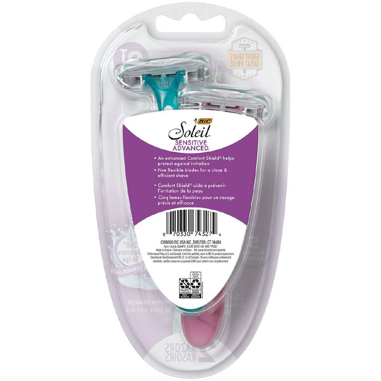 Bic Soleil Sensitive Advanced Disposable Razors 2 Pack, , hi-res