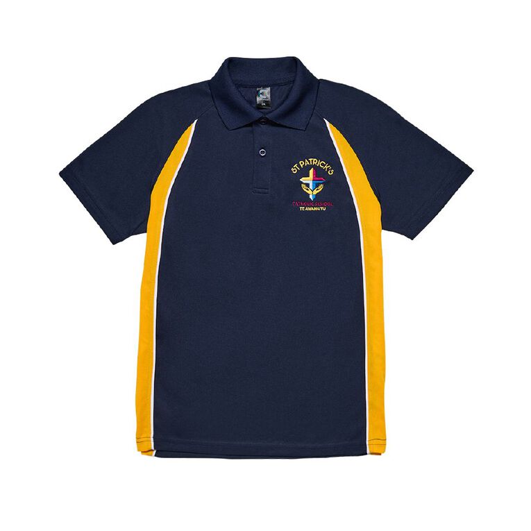 Schooltex St Patricks Te Awamutu New PE Polo with Embroidery, Navy/Gold, hi-res