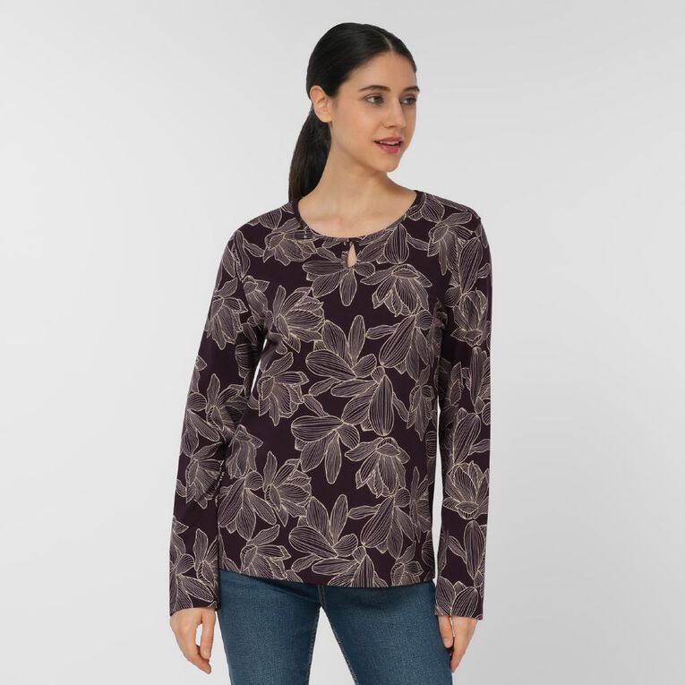 H&H Women's Long Sleeve Keyhole Print Top, Purple Dark, hi-res