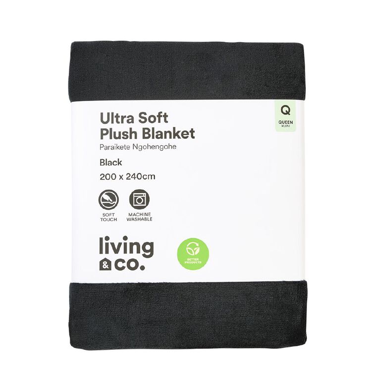 Living & Co Ultra Soft Plush Blanket Black Queen, Black, hi-res