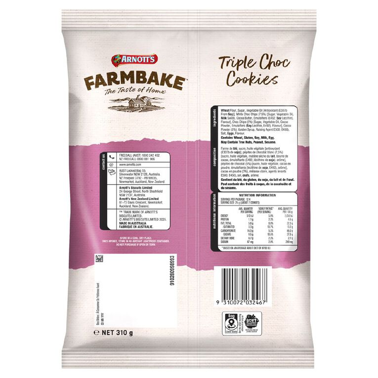 Arnott's Farmbake Triple Choc Cookies 310g, , hi-res