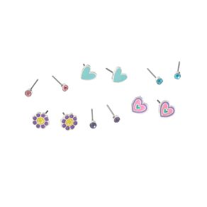 Young Original Kids' Diamante Heart Flower Silver Stud Earrings 6 Pairs