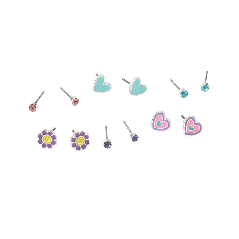 Young Original Kids' Diamante Heart Flower Silver Stud Earrings 6 Pairs, , hi-res