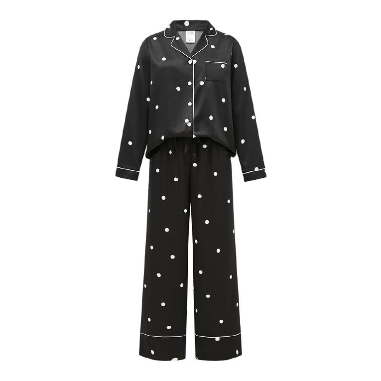 H&H Women's Satin Button Up Pyjama Set, Black, hi-res