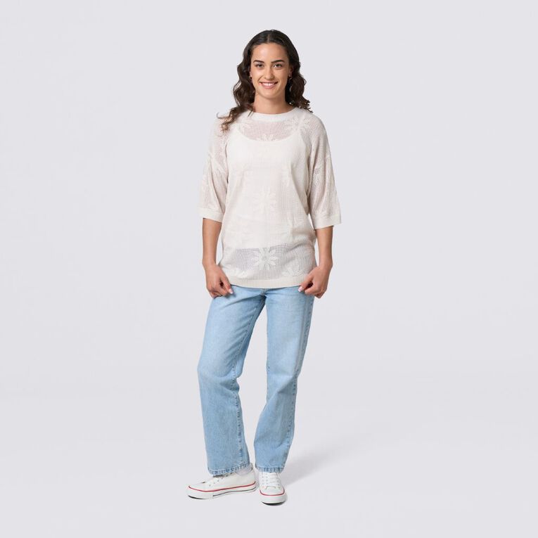 H&H Women's Amber Rixon Short Sleeve Crochet Flower Knit, Cream, hi-res