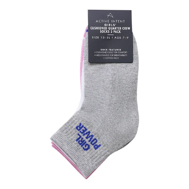 Active Intent Girls' Cushioned Quarter Crew Socks 3 Pack, Grey Light, hi-res