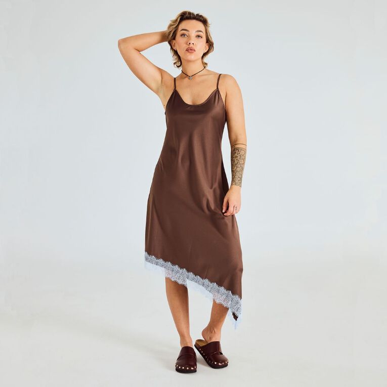BRDRLESS Sarah Lace Trim Midi Dress, Brown Dark, hi-res