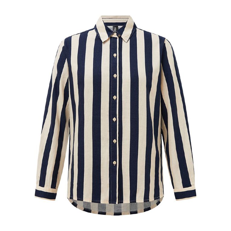 H&H Women's Long Sleeve Essential Linen Blend Shirt, Navy/White, hi-res