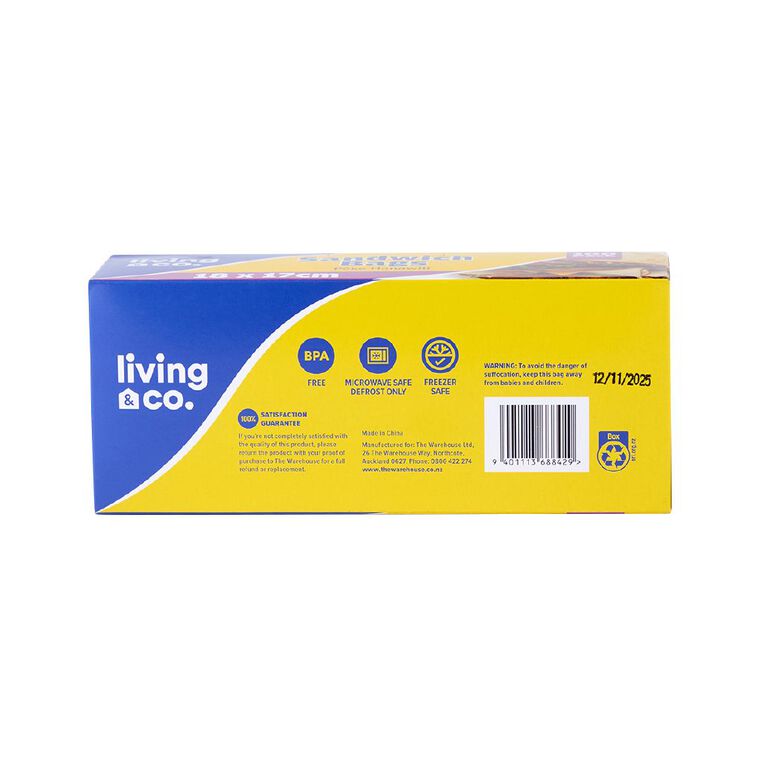 Living & Co Resealable Sandwich Bags 18 x 17cm 100 Pack, , hi-res
