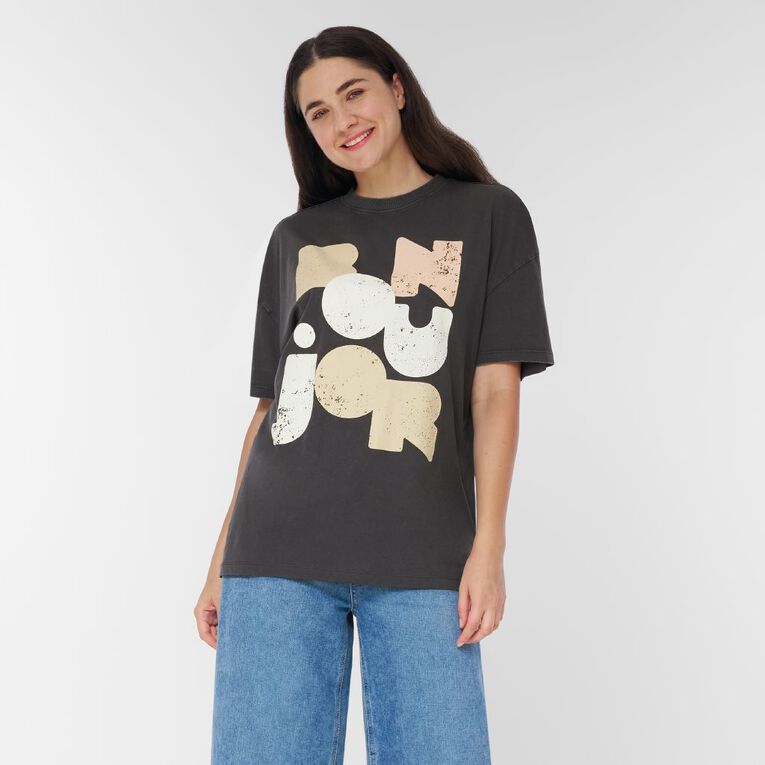 H&H Women's Short Sleeve Boyfriend Graphic Tee, Grey Dark BONJOUR, hi-res