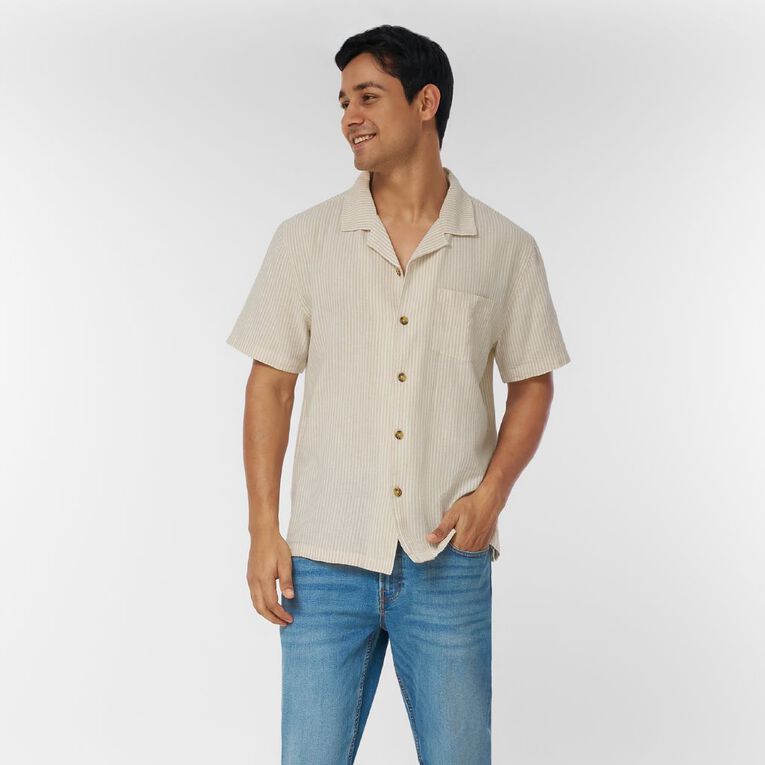 H&H Men's Short Sleeve Cotton Linen Shirt, Cream, hi-res