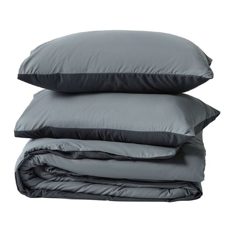 Living & Co Duvet Cover Set Microfibre Reversible Black/Grey Single, , hi-res