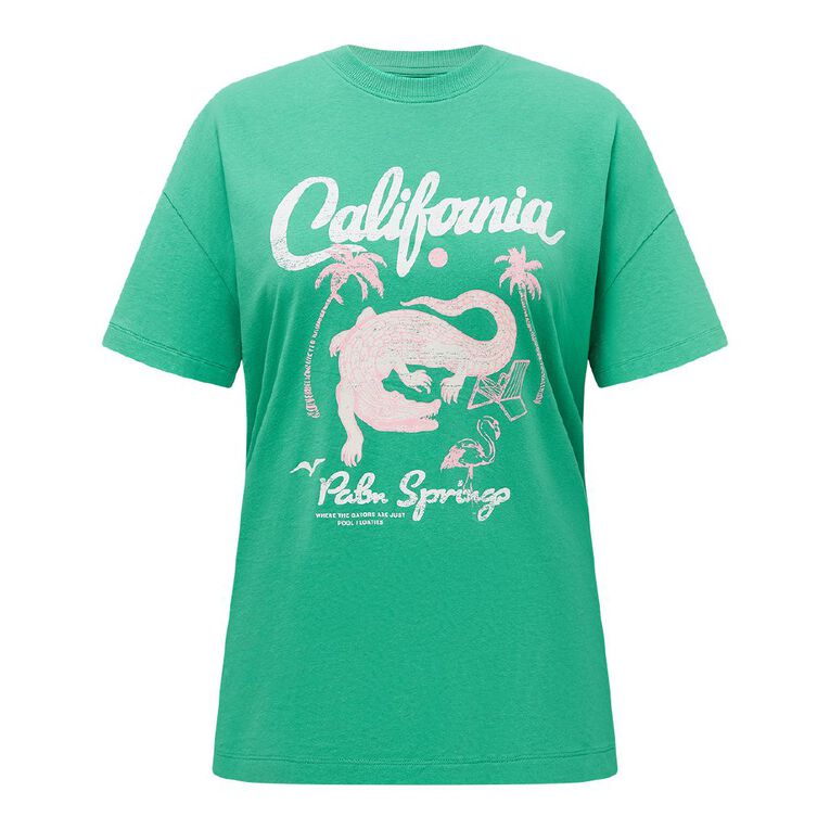 H&H Women's Short Sleeve Boyfriend Graphic Tee, Green Mid CALIFORNIA, hi-res
