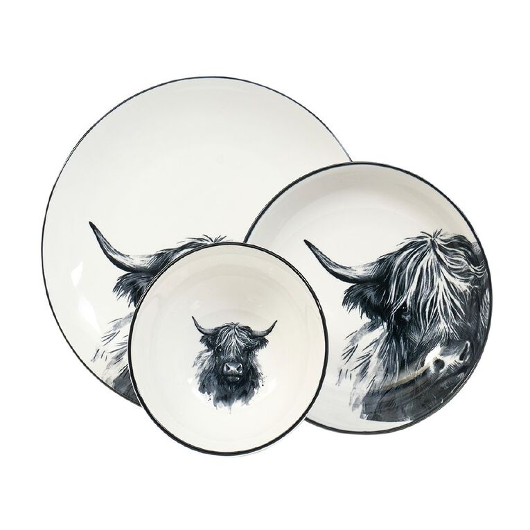 Living & Co Highland Cow 12 Piece Dinner Set White/Black, , hi-res