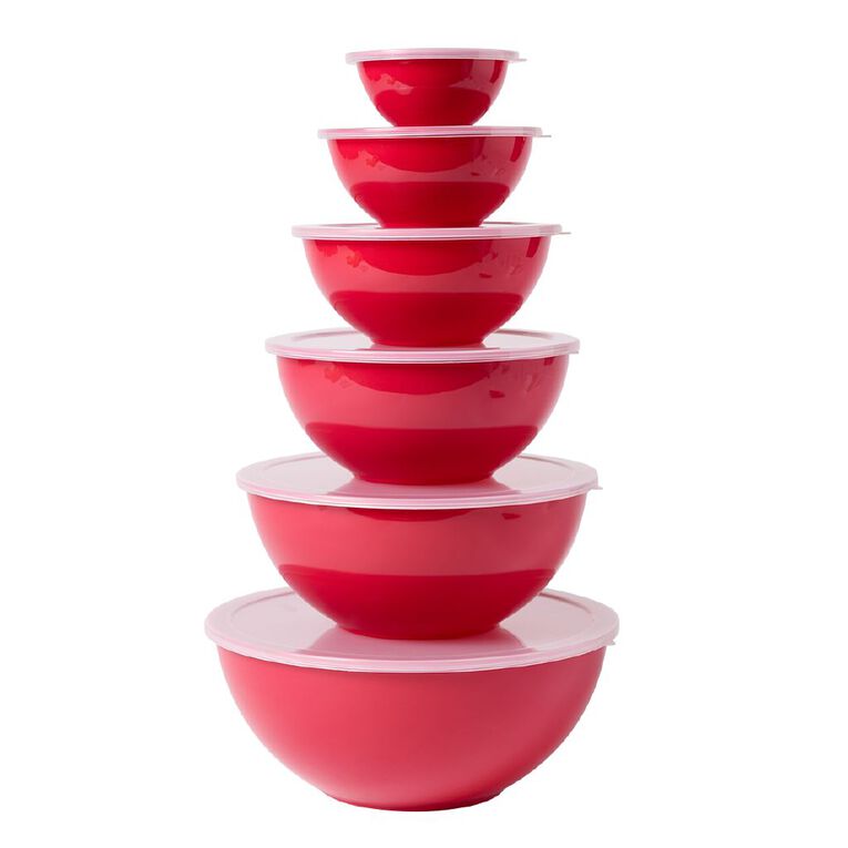 Living & Co Nested Bowls with Lids Red 6 Pack, , hi-res