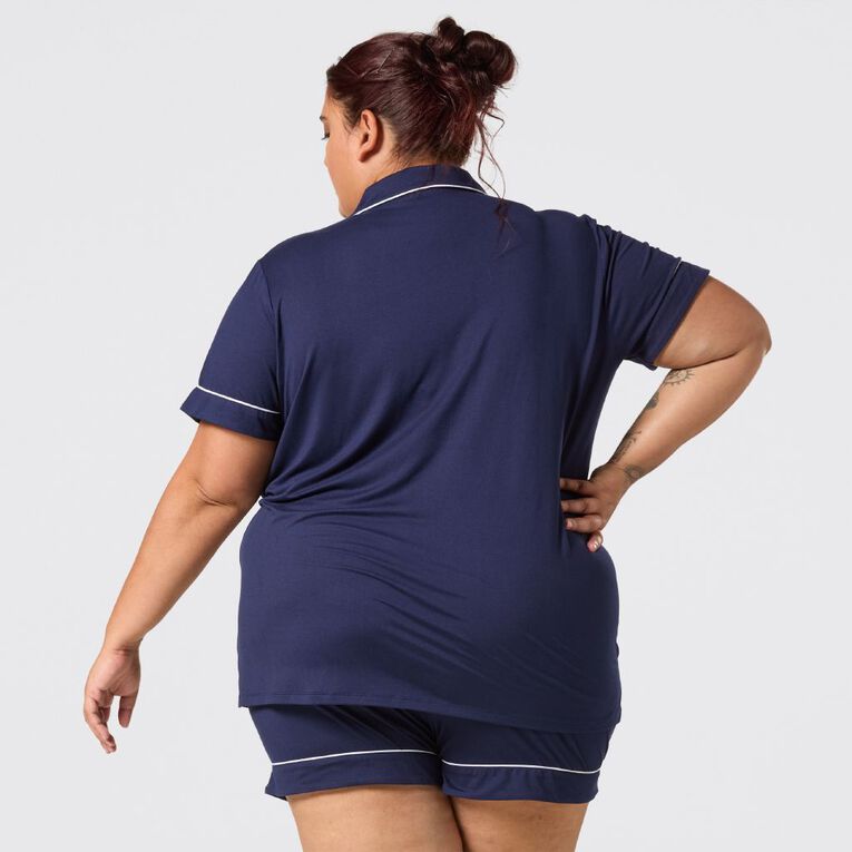 H&H Women's Curve Comfy Short Sleeve Button Through Pyjama Set, Blue Dark, hi-res