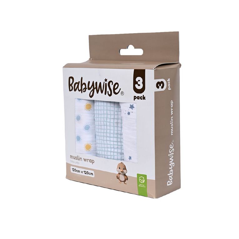 Babywise Muslin Wrap Sky 3 Pack, , hi-res