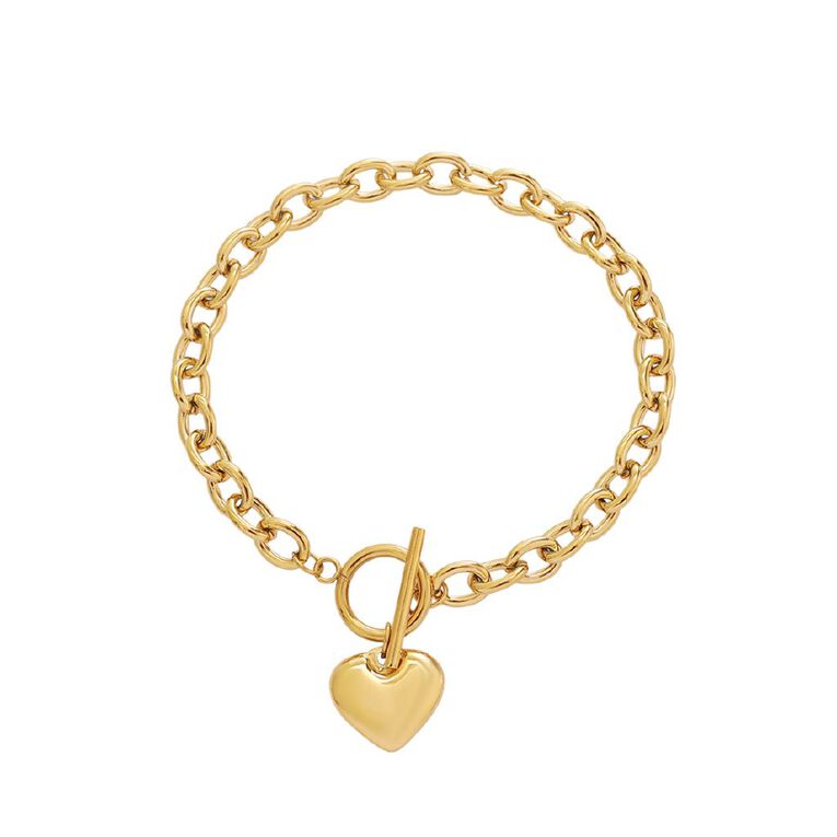 Waterproof Gold Plated Heart T-Bar Bracelet, , hi-res