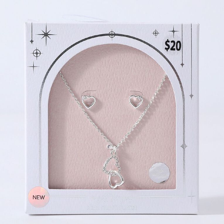 Silver Plated Heart Earring & Necklace Set, , hi-res