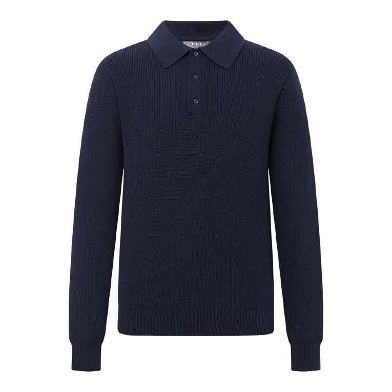 H&H Men's Polo Fisherman Rib Pullover, Blue Dark, hi-res
