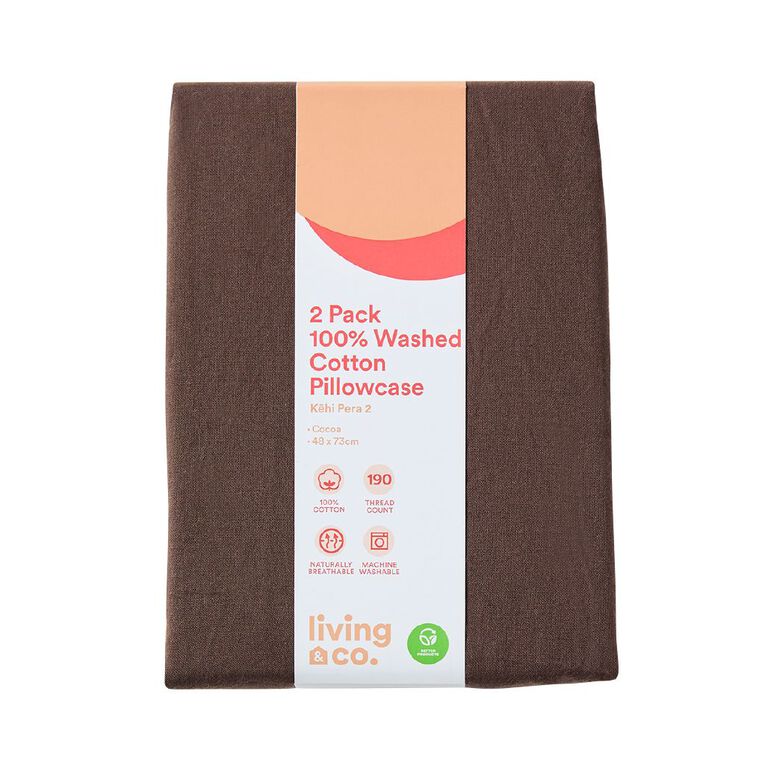 Living & Co 100% Washed Cotton 2 Pack Pillowcase Brown Mid 48cm x 73cm, , hi-res