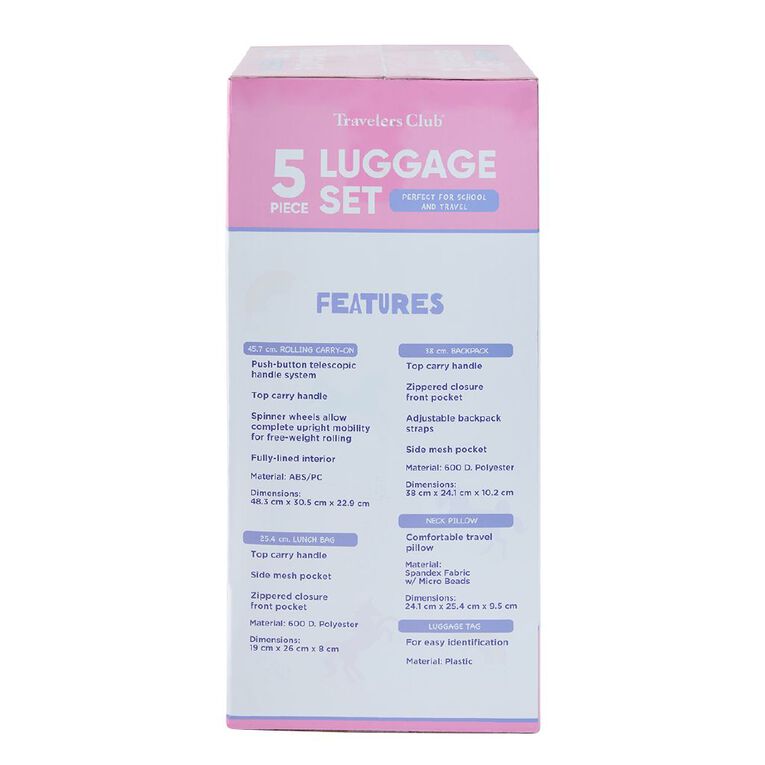 Travelers Club 5 Piece Luggage Set Unicorn Pink, , hi-res