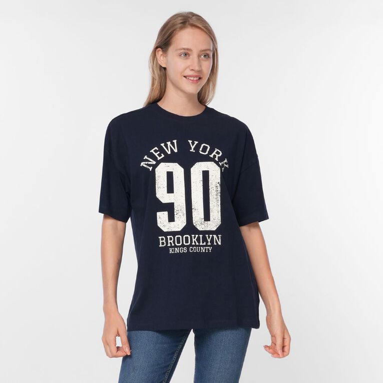 H&H Women's Oversized Boyfriend Graphic Tee, Navy, hi-res