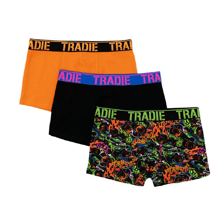 Tradie Boys' Trunks 3 Pack, Black/Orange, hi-res