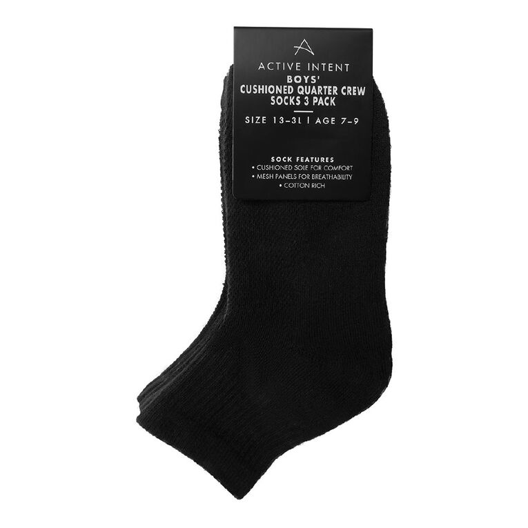 Active Intent Boys' Quarter Crew Cushioned Socks 3 Pack, Black W26, hi-res