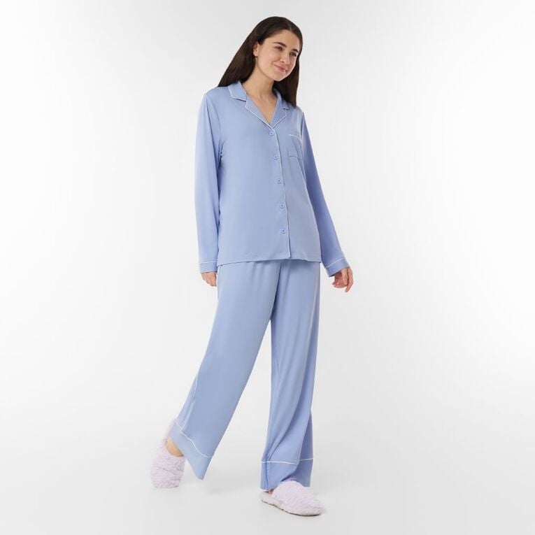 H&H Women's Comfy Button Up Pyjama Set, Blue Light, hi-res
