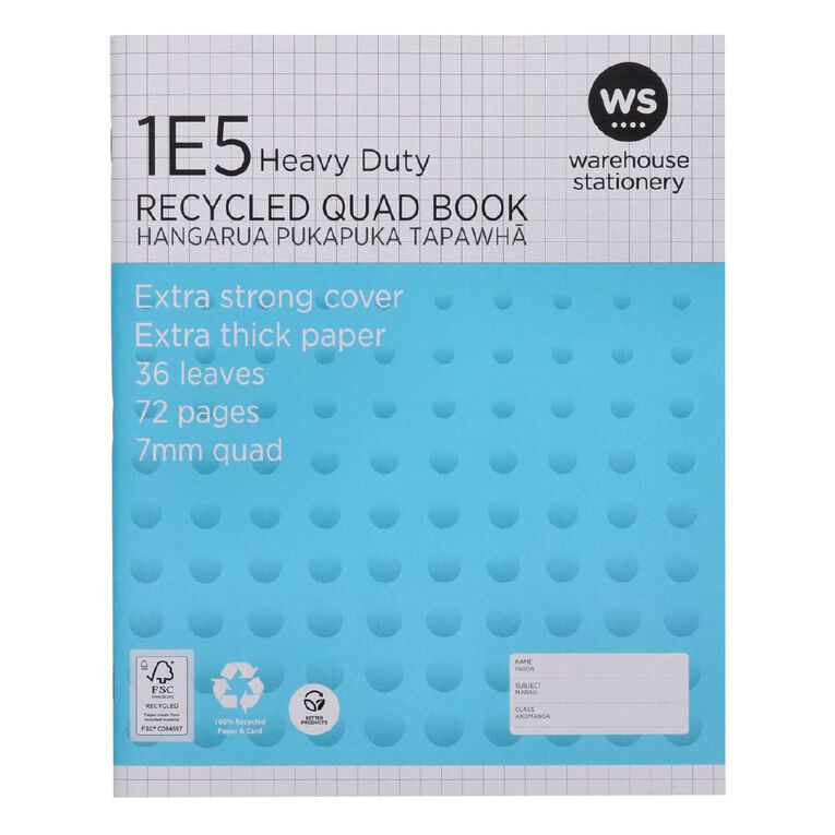 WS Exercise Book 1E5 7mm Quad 36 Leaf Heavy Duty, , hi-res