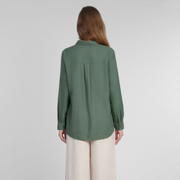 H&H Women's Long Sleeve Essential Linen Blend Shirt, Green Dark, hi-res