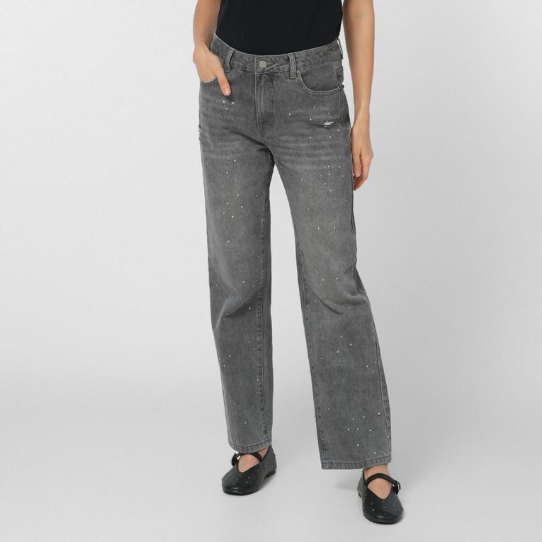 H&H Women's Mid Rise Diamante Straight Leg Jeans, Grey, hi-res