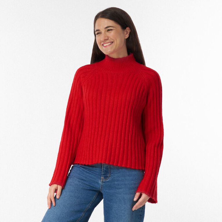 H&H Women's Oversized Crop Box Funnel Knit Jumper, Red, hi-res