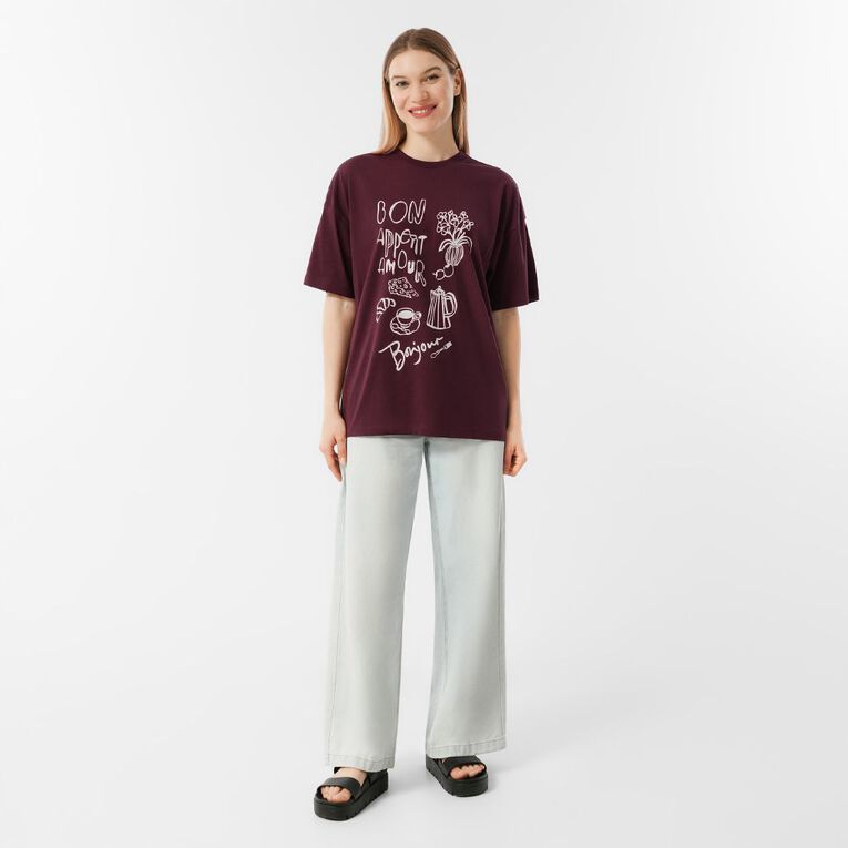 H&H Women's Short Sleeve Boyfriend Graphic Tee, White BONJOUR, hi-res