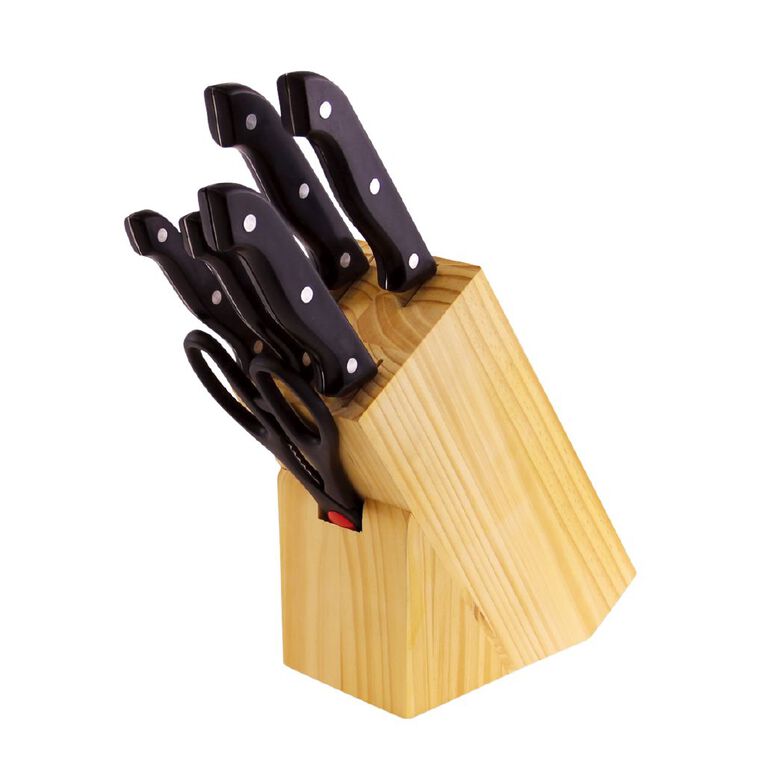 Living & Co Wooden Knife Block Set Natural 7 Pack, , hi-res