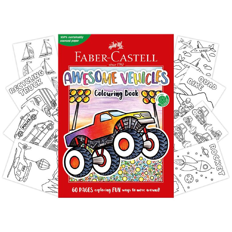 Faber-Castell Awesome Vehicles Colouring Book 60 Pages, , hi-res