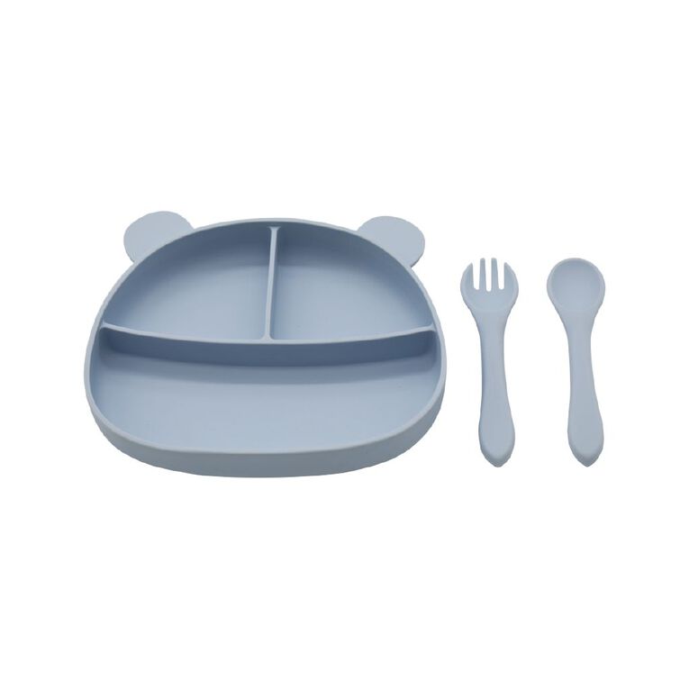 Babywise Silicone Plate And Cutlery Set Bear Blue, , hi-res