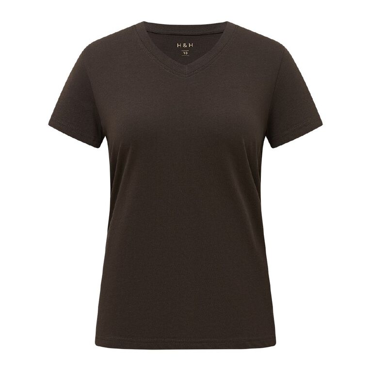 H&H Women's Short Sleeve V-Neck Tee, Brown Dark, hi-res