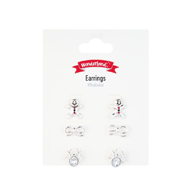 Wonderland Christmas Stud Earrings Silver 3 Pack, , hi-res