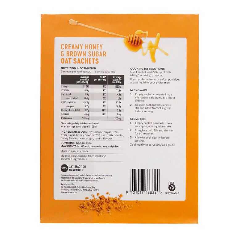 Market Kitchen Creamy Honey and Brown Sugar Instant Oats 20 Sachet 800g, , hi-res